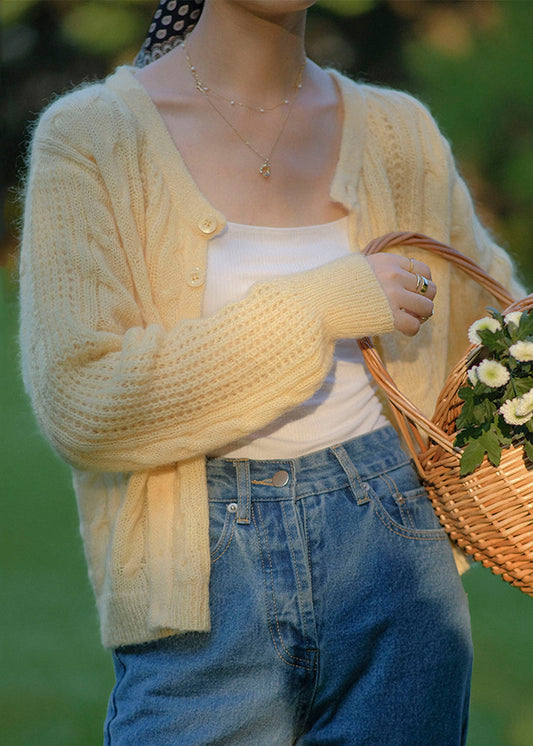 Yellow Button Hollow Out Patchwork Knit Cardigan Fall Tu034