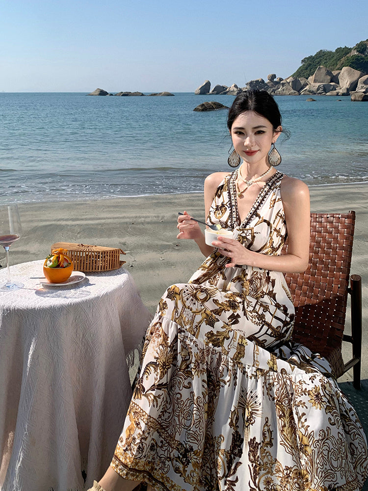 V-neck Printed Maxi Dress Beach Vacation Outfit