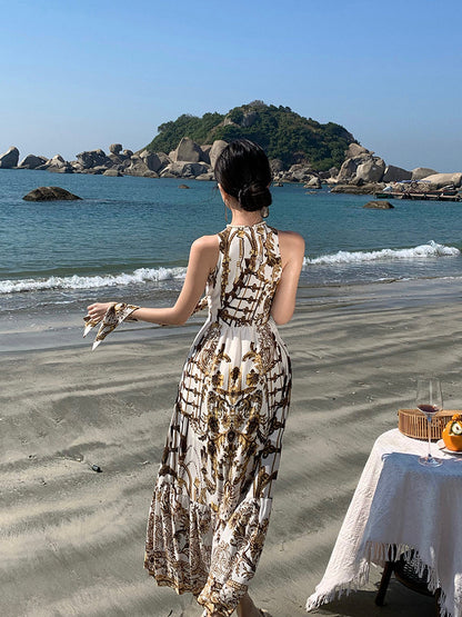V-neck Printed Maxi Dress Beach Vacation Outfit
