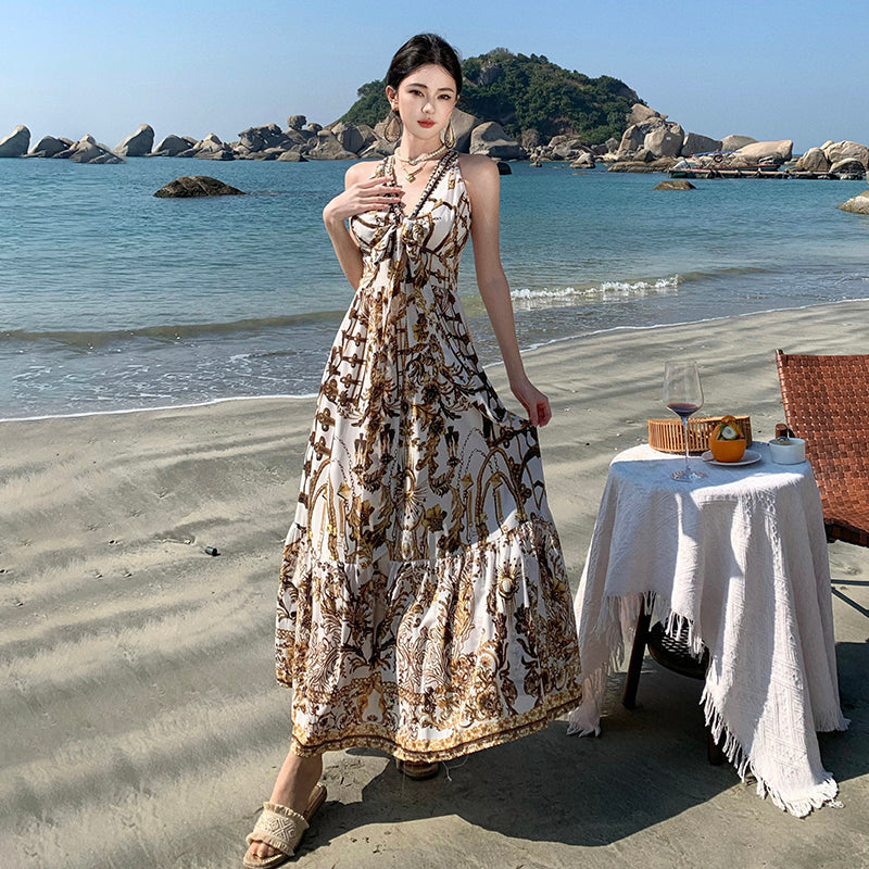V-neck Printed Maxi Dress Beach Vacation Outfit