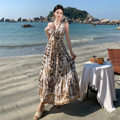 V-neck Printed Maxi Dress Beach Vacation Outfit