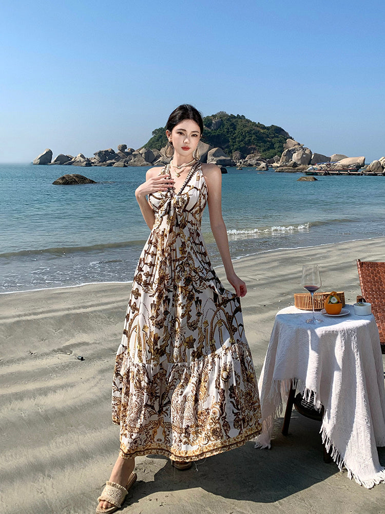 V-neck Printed Maxi Dress Beach Vacation Outfit