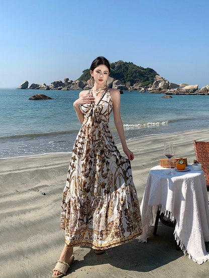 V-neck Printed Maxi Dress Beach Vacation Outfit