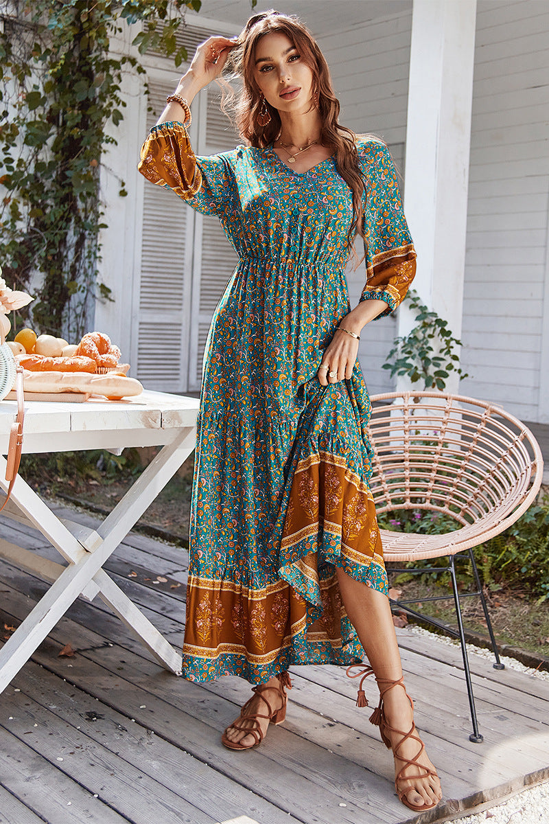 Print Puff Sleeve Loose Maxi Dress
