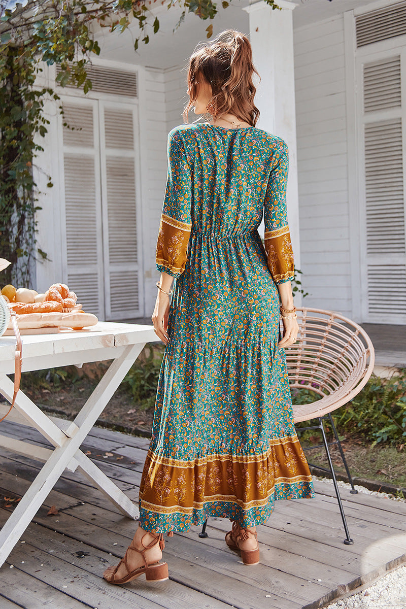 Print Puff Sleeve Loose Maxi Dress