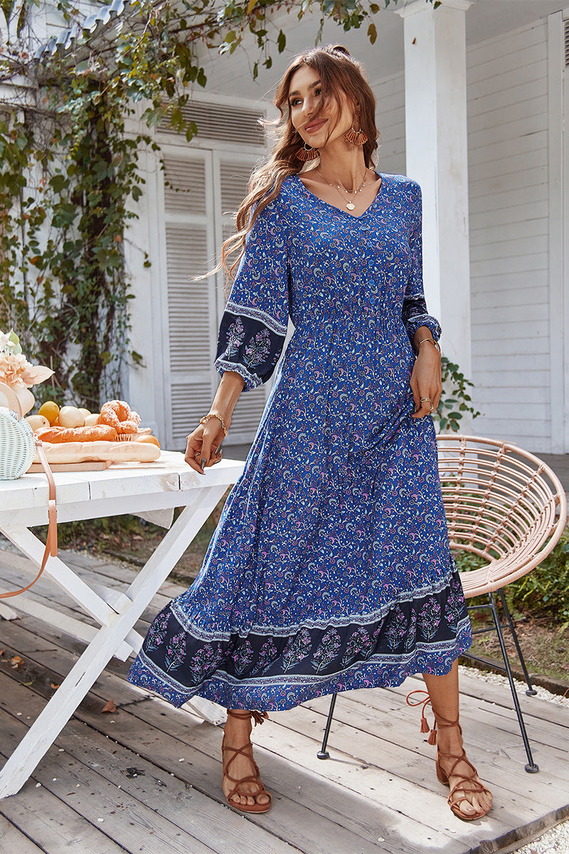 Print Puff Sleeve Loose Maxi Dress