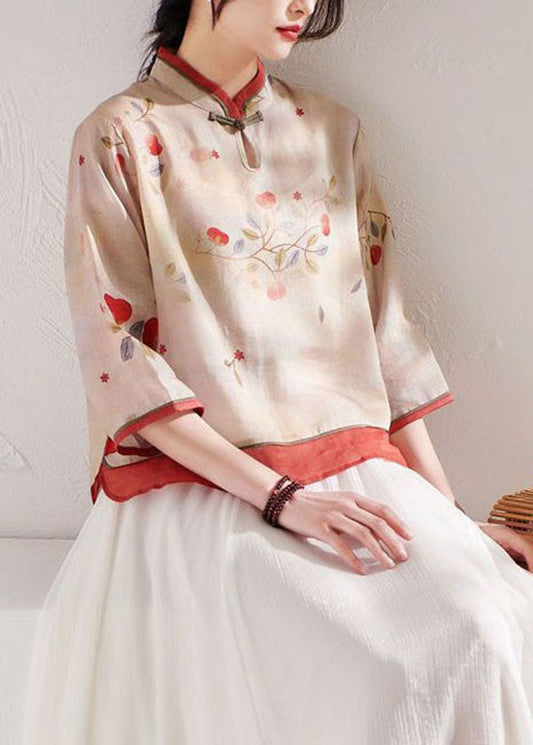 Boutique Apricot Stand Collar Print Linen Blouses Summer Ly1714
