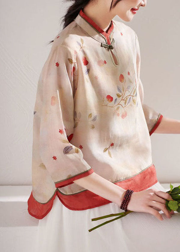 Boutique Apricot Stand Collar Print Linen Blouses Summer Ly1714