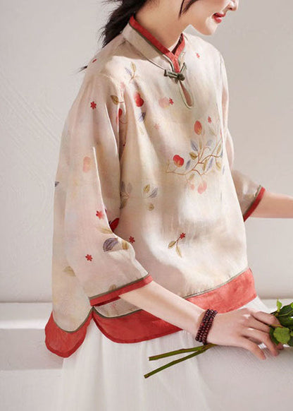 Boutique Apricot Stand Collar Print Linen Blouses Summer Ly1714