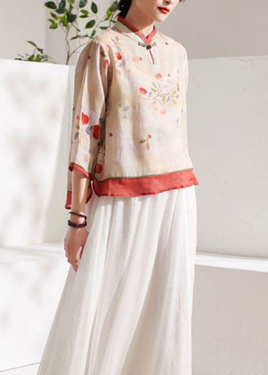 Boutique Apricot Stand Collar Print Linen Blouses Summer Ly1714