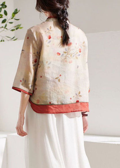 Boutique Apricot Stand Collar Print Linen Blouses Summer Ly1714