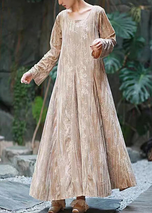 Boutique Apricot U Neck Print Exra Large Hem Velvet Long Dress Fall Ru010