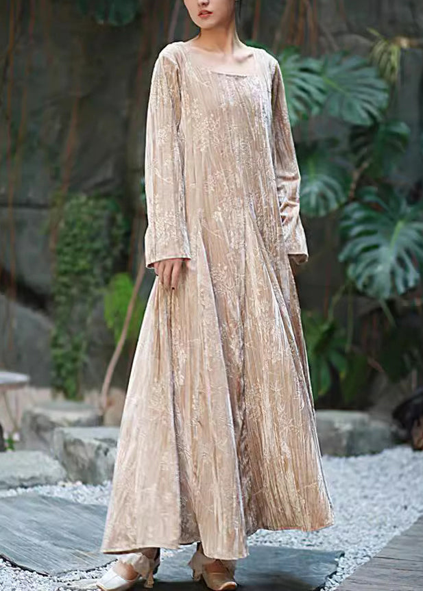 Boutique Apricot U Neck Print Exra Large Hem Velvet Long Dress Fall Ru010