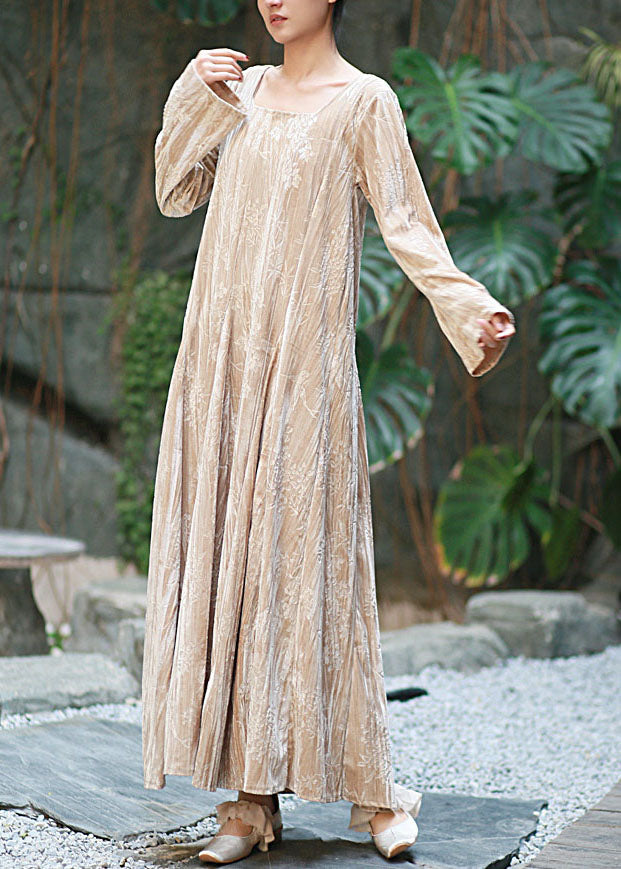 Boutique Apricot U Neck Print Exra Large Hem Velvet Long Dress Fall Ru010