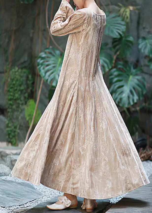 Boutique Apricot U Neck Print Exra Large Hem Velvet Long Dress Fall Ru010