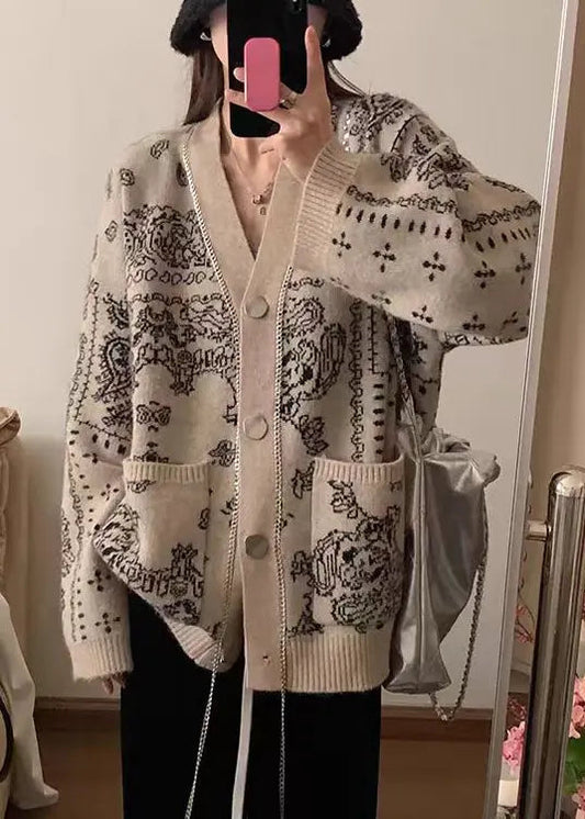 Boutique Apricot V Neck Pockets Print Knit Cardigans Spring Ha1045