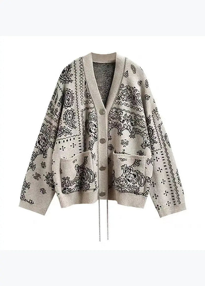 Boutique Apricot V Neck Pockets Print Knit Cardigans Spring Ha1045