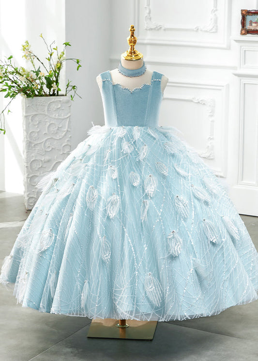 Boutique Baby Blue Turtleneck Rivet Tassel Tulle Long Dress Sleeveless Yg008
