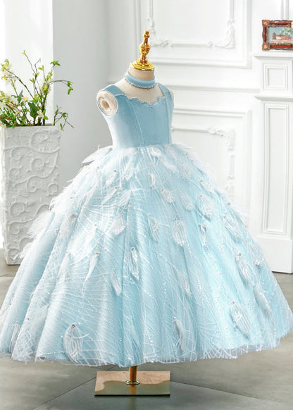 Boutique Baby Blue Turtleneck Rivet Tassel Tulle Long Dress Sleeveless Yg008