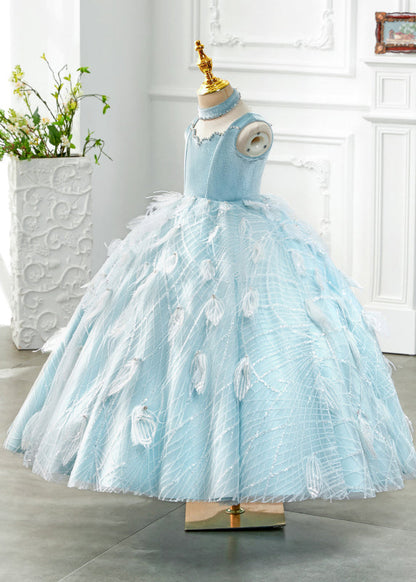 Boutique Baby Blue Turtleneck Rivet Tassel Tulle Long Dress Sleeveless Yg008