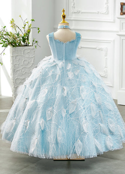 Boutique Baby Blue Turtleneck Rivet Tassel Tulle Long Dress Sleeveless Yg008