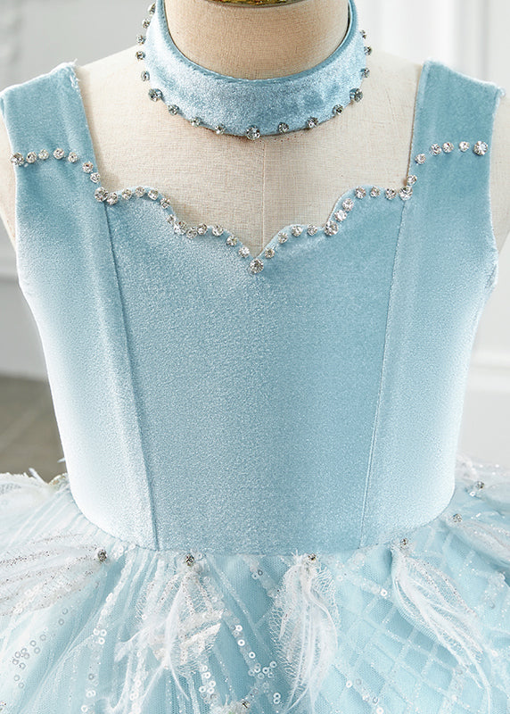 Boutique Baby Blue Turtleneck Rivet Tassel Tulle Long Dress Sleeveless Yg008