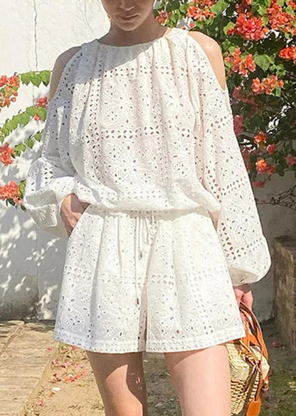 And Pieces Shorts Shirt Beige Shoulder Boutique Cotton Two Cold