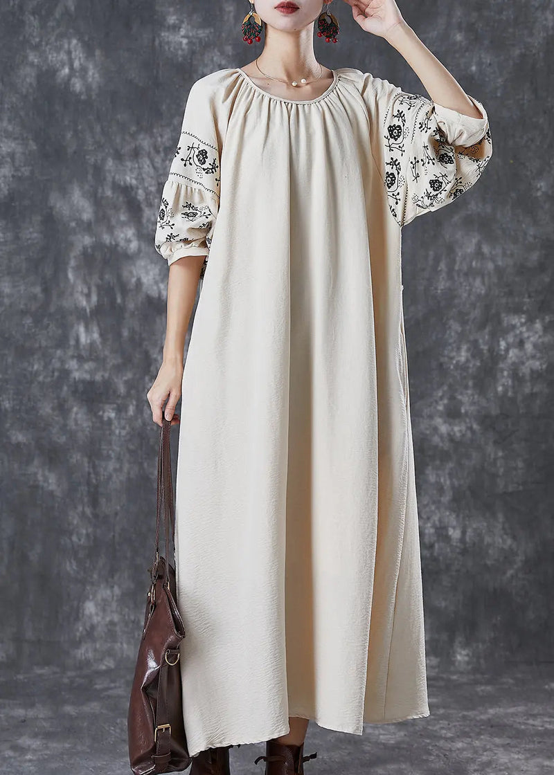 Beige Cotton Maxi Dresses Puff Sleeve