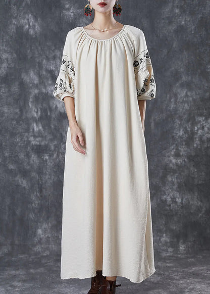 Beige Cotton Maxi Dresses Puff Sleeve