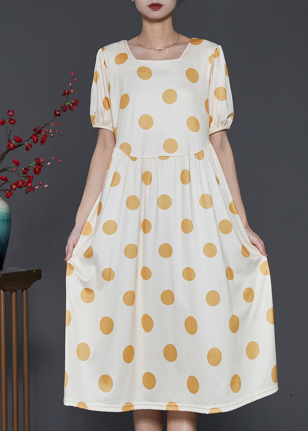 Boutique Beige Square Collar Print Cotton Long Dresses Summer Sd1012
