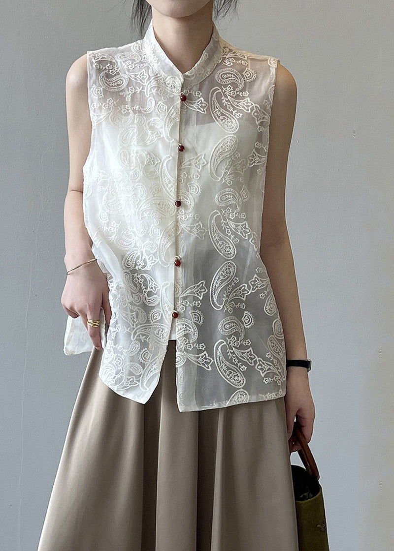 Boutique Beige Stand Collar Embroidered Tulle Waistcoat Summer Vb1082
