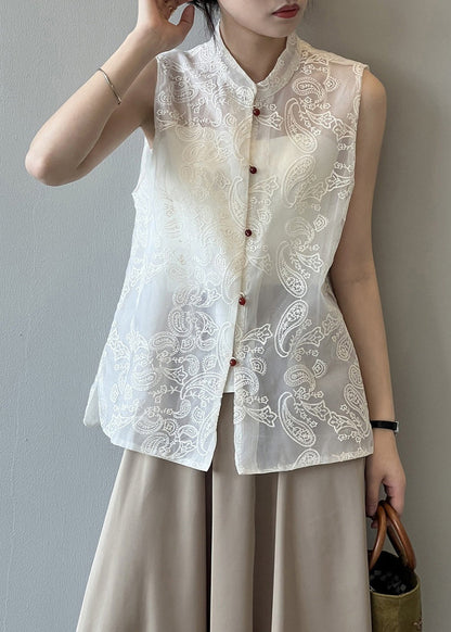Boutique Beige Stand Collar Embroidered Tulle Waistcoat Summer Vb1082