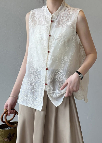 Boutique Beige Stand Collar Embroidered Tulle Waistcoat Summer Vb1082