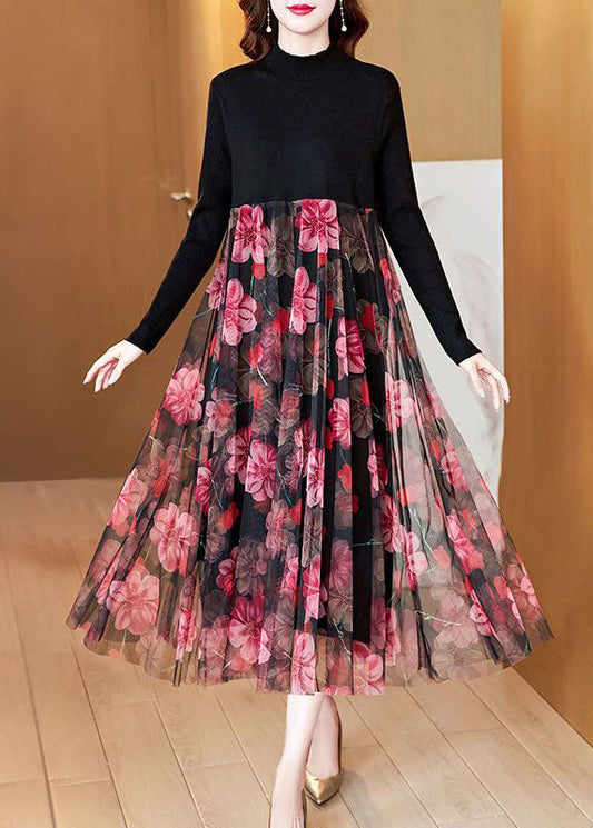 Boutique Black High Neck Patchwork Tulle Print Knit Maxi Dresses Spring Ac2049