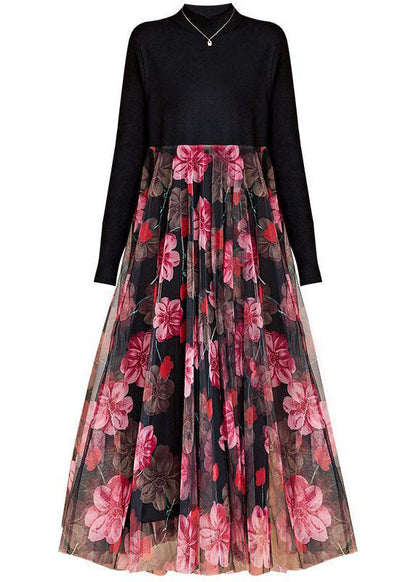 Boutique Black High Neck Patchwork Tulle Print Knit Maxi Dresses Spring Ac2049