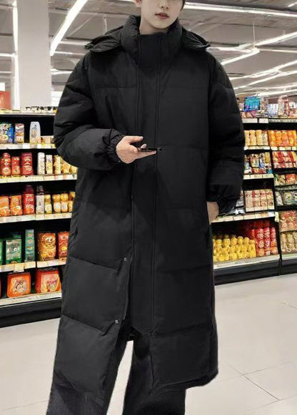 Boutique Black Hooded Button Pockets Duck Down Long Coats Winter Rj004