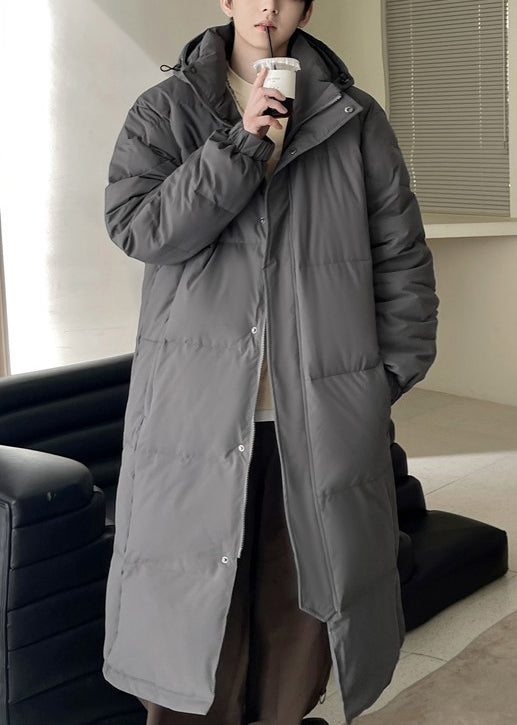 Boutique Black Hooded Button Pockets Duck Down Long Coats Winter Rj004