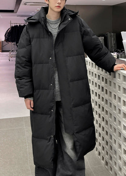 Boutique Black Hooded Button Pockets Duck Down Long Coats Winter Rj004