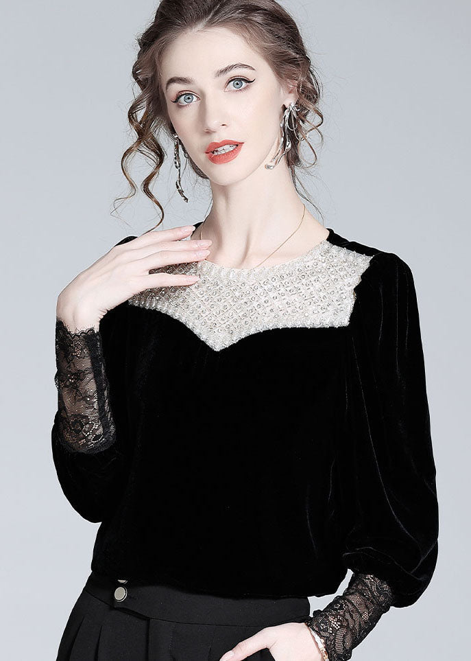 Boutique Black Nail Bead Lace Patchwork Silk Velour Blouse Top Spring Ly1022