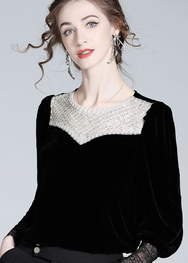 Boutique Black Nail Bead Lace Patchwork Silk Velour Blouse Top Spring Ly1022
