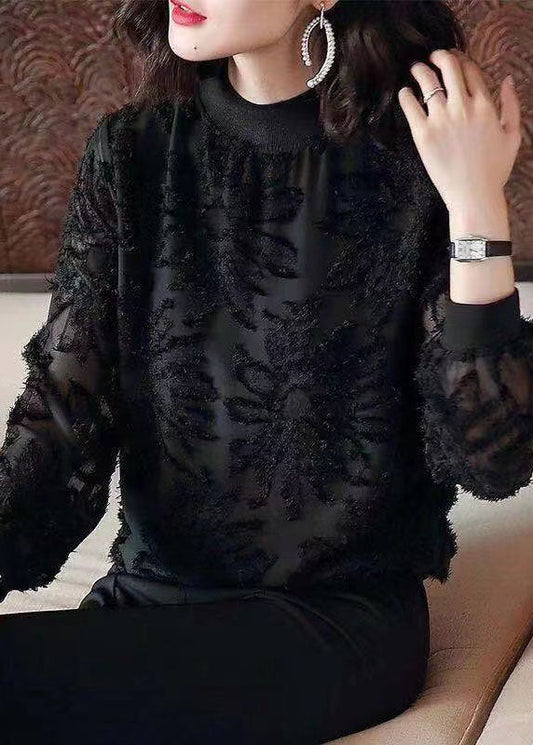 Boutique Black O Neck Jacquard Patchwork Chiffon Blouses Spring Tq1037