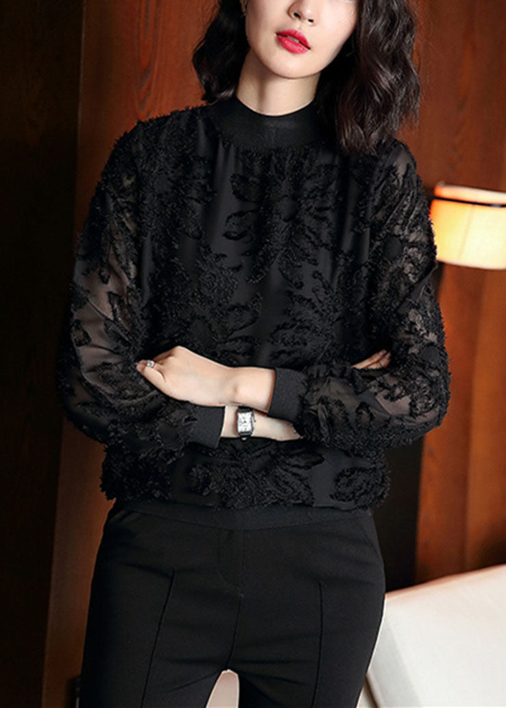 Boutique Black O Neck Jacquard Patchwork Chiffon Blouses Spring Tq1037