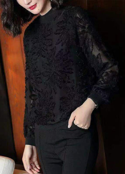 Boutique Black O Neck Jacquard Patchwork Chiffon Blouses Spring Tq1037