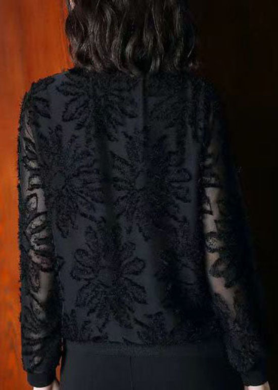 Boutique Black O Neck Jacquard Patchwork Chiffon Blouses Spring Tq1037
