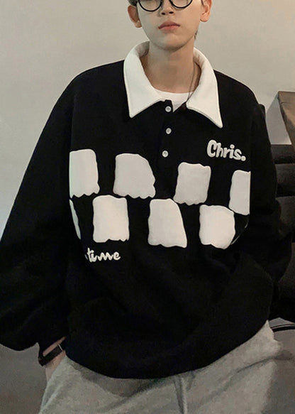 Boutique Black Peter Pan Collar Print Cotton Loose Sweatshirts Top Fall Eq004