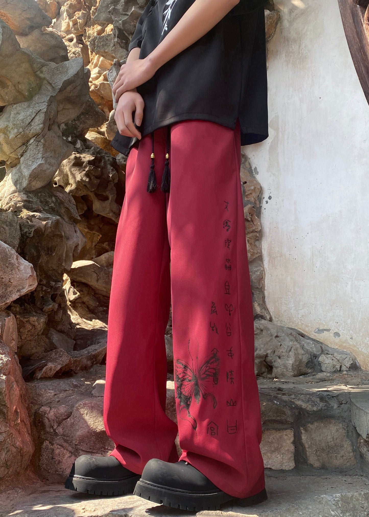 Boutique Black Pockets Butterfly Print Ice Silk Pants Summer Sa053