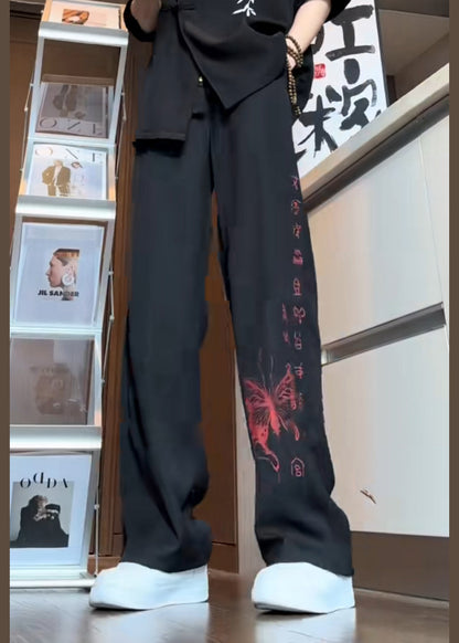 Boutique Black Pockets Butterfly Print Ice Silk Pants Summer Sa053