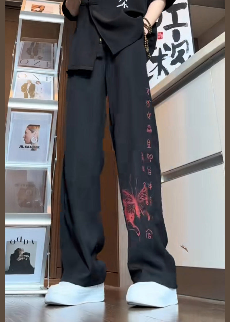 Boutique Black Pockets Butterfly Print Ice Silk Pants Summer Sa053