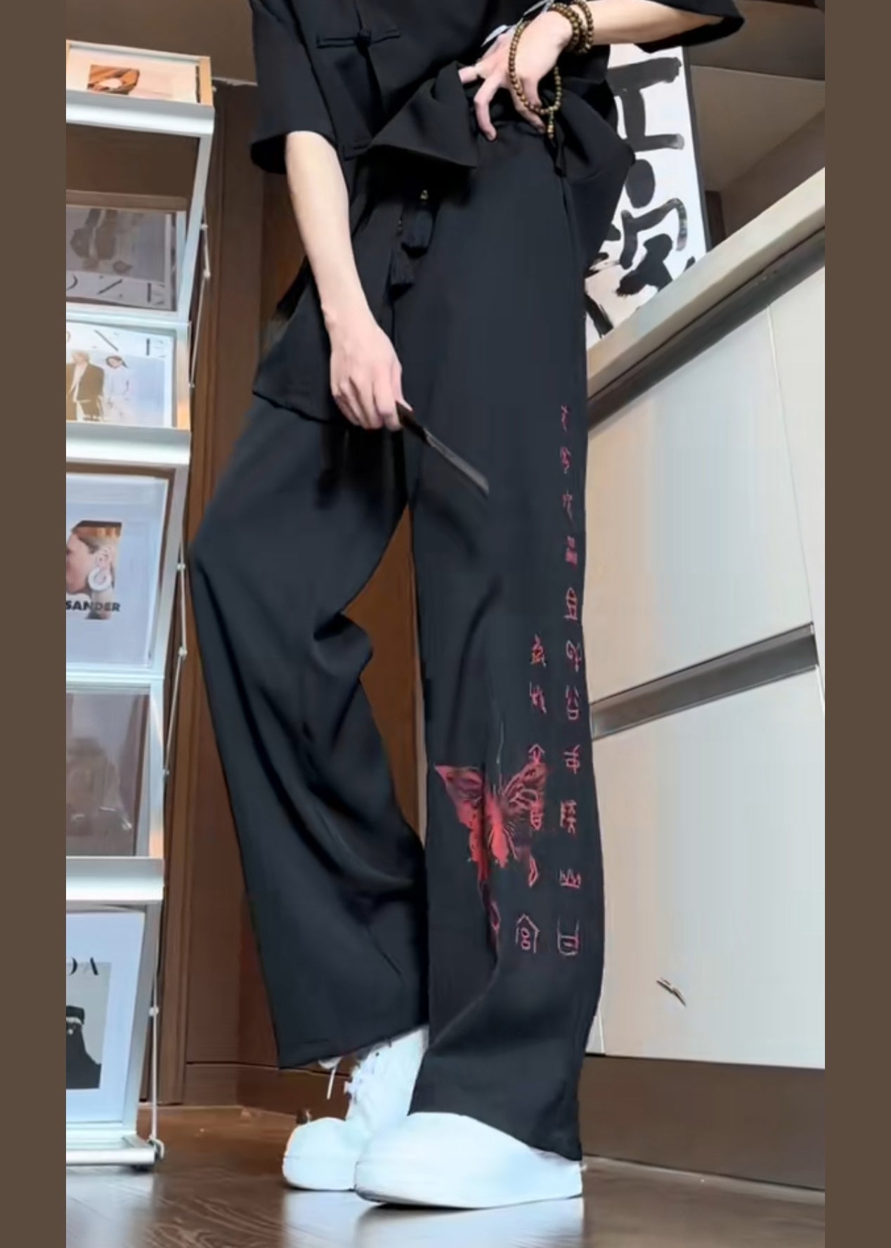 Boutique Black Pockets Butterfly Print Ice Silk Pants Summer Sa053