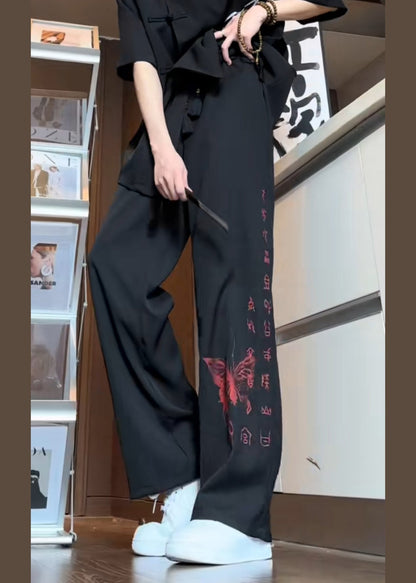 Boutique Black Pockets Butterfly Print Ice Silk Pants Summer Sa053